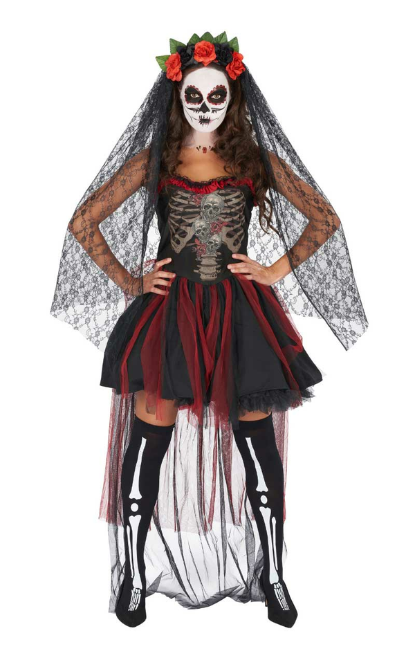 Day of the Dead Corpse Bride Costume Skeleton Halloween Ladies Fancy Dress