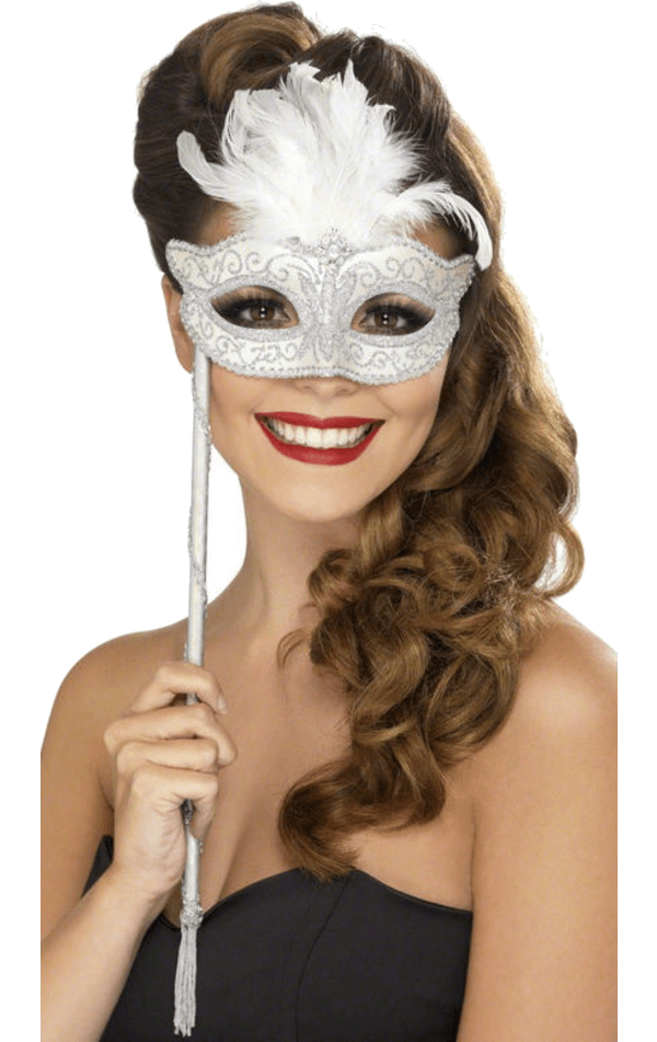 White Masquerade Facepiece on Stick