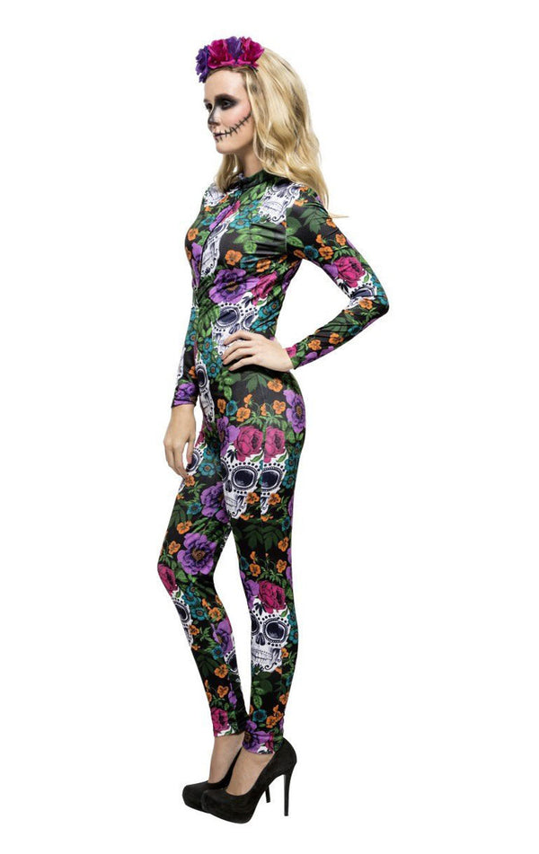Womens Day Of The Dead Catsuit Costume - fancydress.com