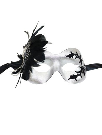Silver Masquerade Facepiece with Black Feather - Fancydress.com